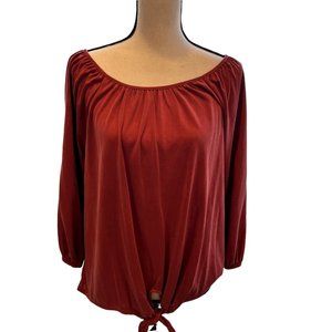 NWOT GREEN ENVELOPE Front Tie Scoop Neck Loose Fit Tunic Cinnamon Size Small